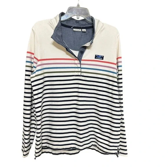 L.L.Bean Long Sleeve Striped Polo Shirt Womens L Cream Navy Preppy Old Money - Picture 1 of 6